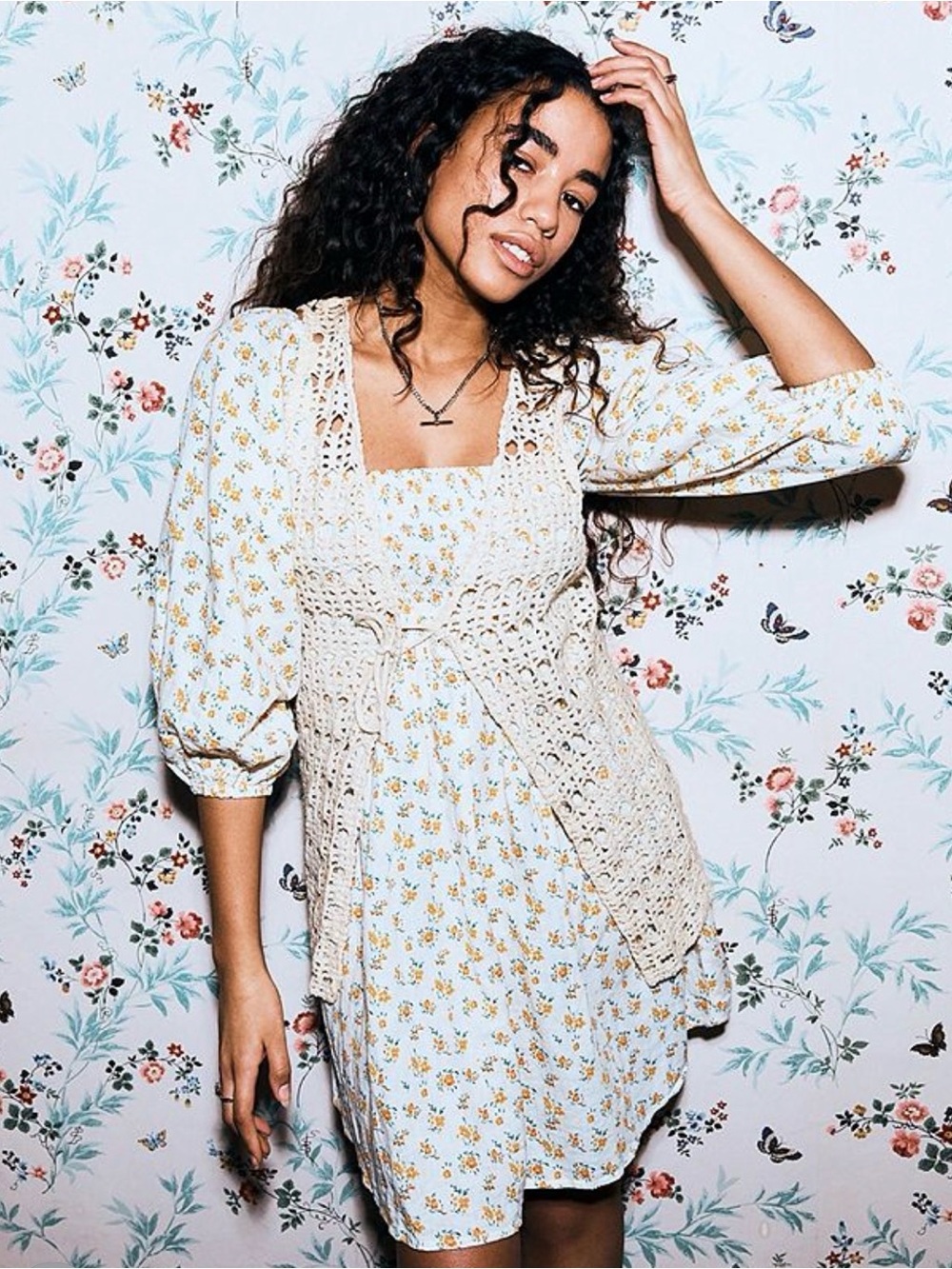 Urban Outfitters Sophia White Mini Dress with Yellow Floral Print